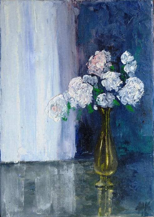 SOLD. Rosa Iceberg and Rosa New Dawn in a brass vase